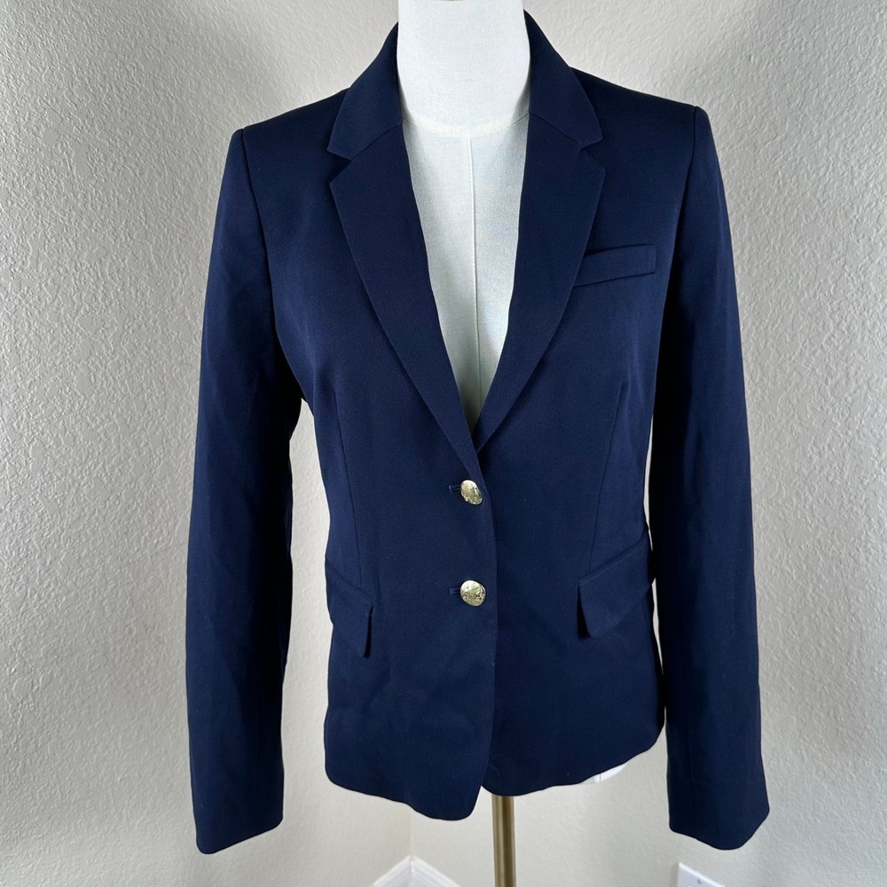 J Crew Schoolboy Blazer Women 6 Navy Blue Gold Crest Button Prep Office Jacket